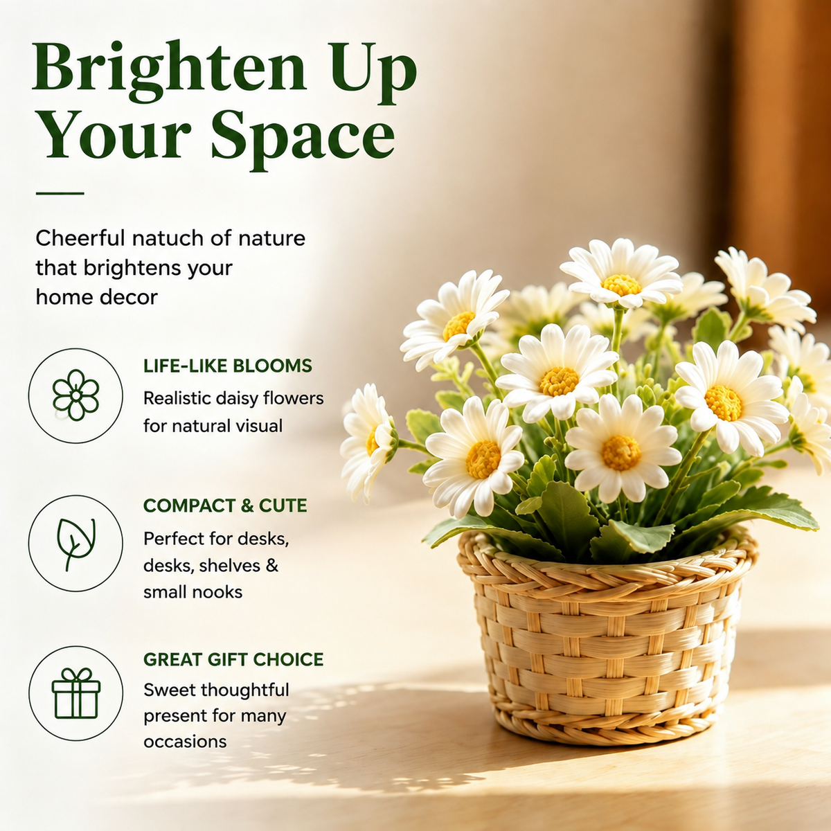 Shineiva® Artificial Daisy Arrangement with Woven Basket, Home & Office Decor