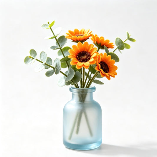 Shineiva® Orange Sunflower Artificial Bouquet with Light Blue Frosted Glass Vase