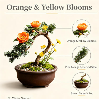 Shineiva® Orange & Yellow Flower Mini Bonsai in Brown Ceramic Pot