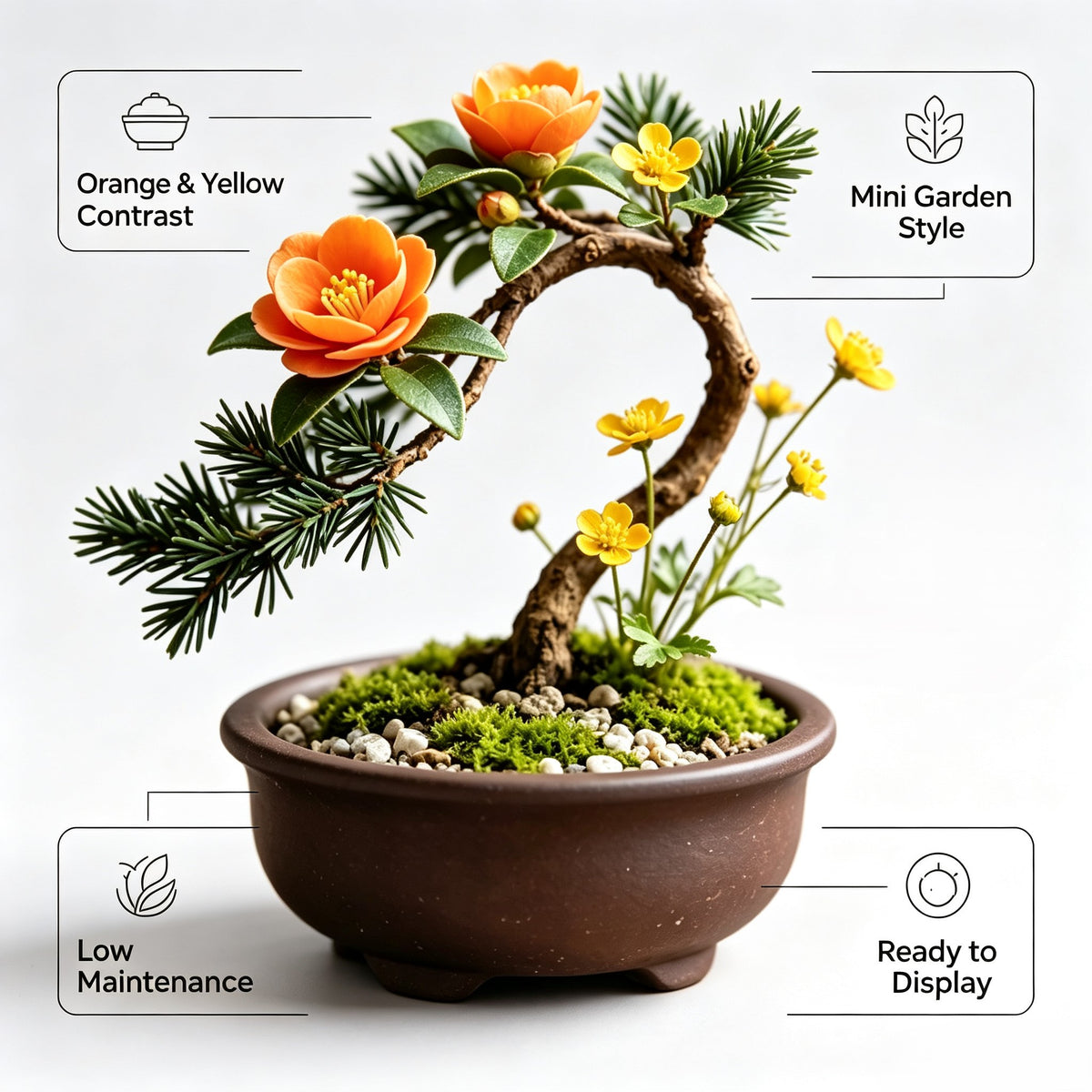 Shineiva® Orange & Yellow Flower Mini Bonsai in Brown Ceramic Pot
