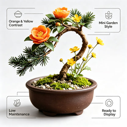 Shineiva® Orange & Yellow Flower Mini Bonsai in Brown Ceramic Pot