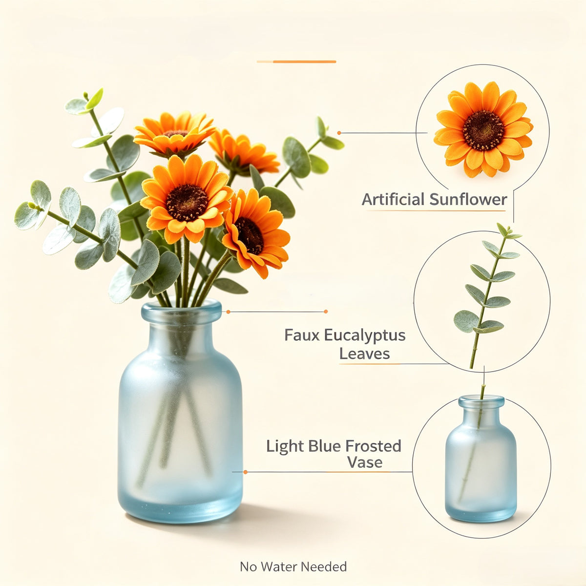 Shineiva® Orange Sunflower Artificial Bouquet with Light Blue Frosted Glass Vase
