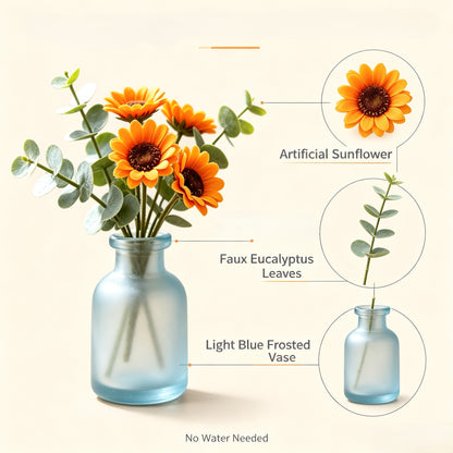 Shineiva® Orange Sunflower Artificial Bouquet with Light Blue Frosted Glass Vase