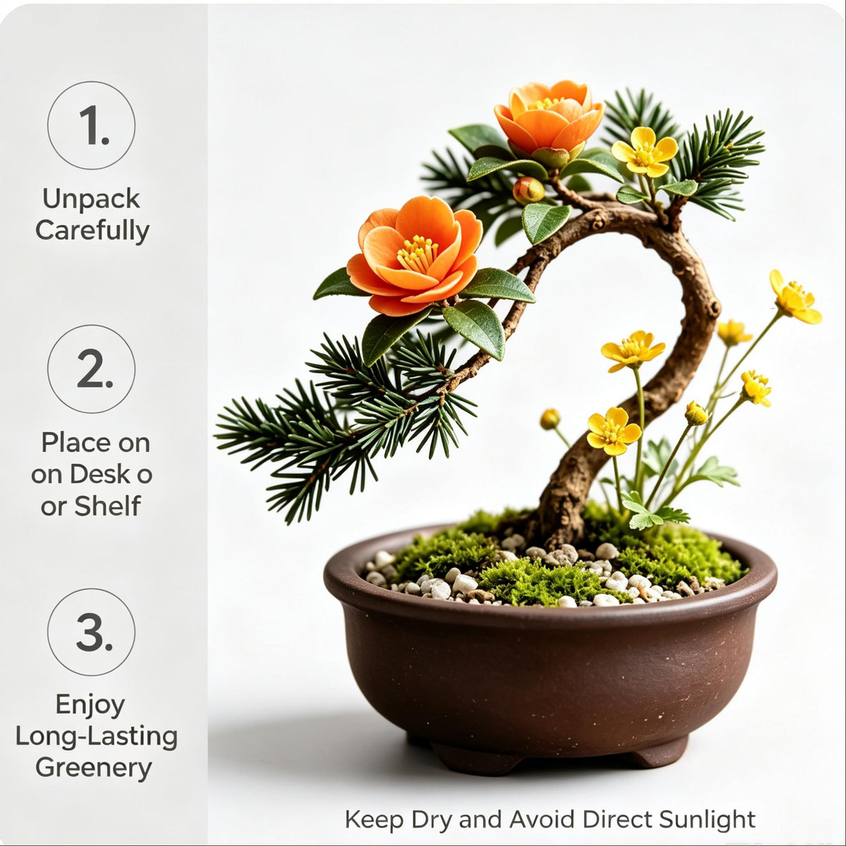 Shineiva® Orange & Yellow Flower Mini Bonsai in Brown Ceramic Pot