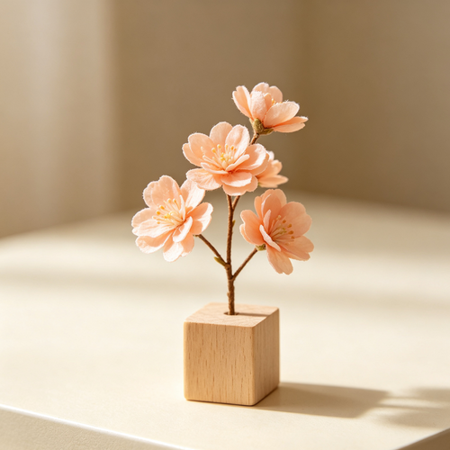 Mini Artificial Cherry Blossom with Wooden Base, Tabletop Floral Decor
