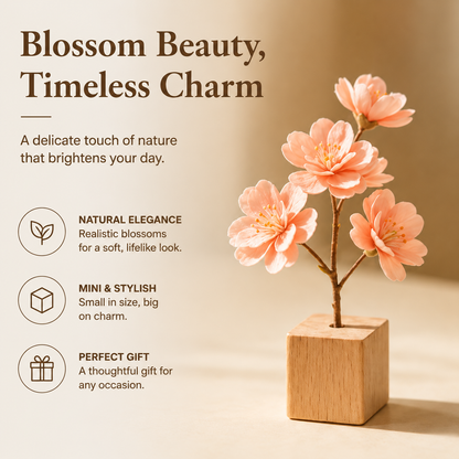 Mini Artificial Cherry Blossom with Wooden Base, Tabletop Floral Decor