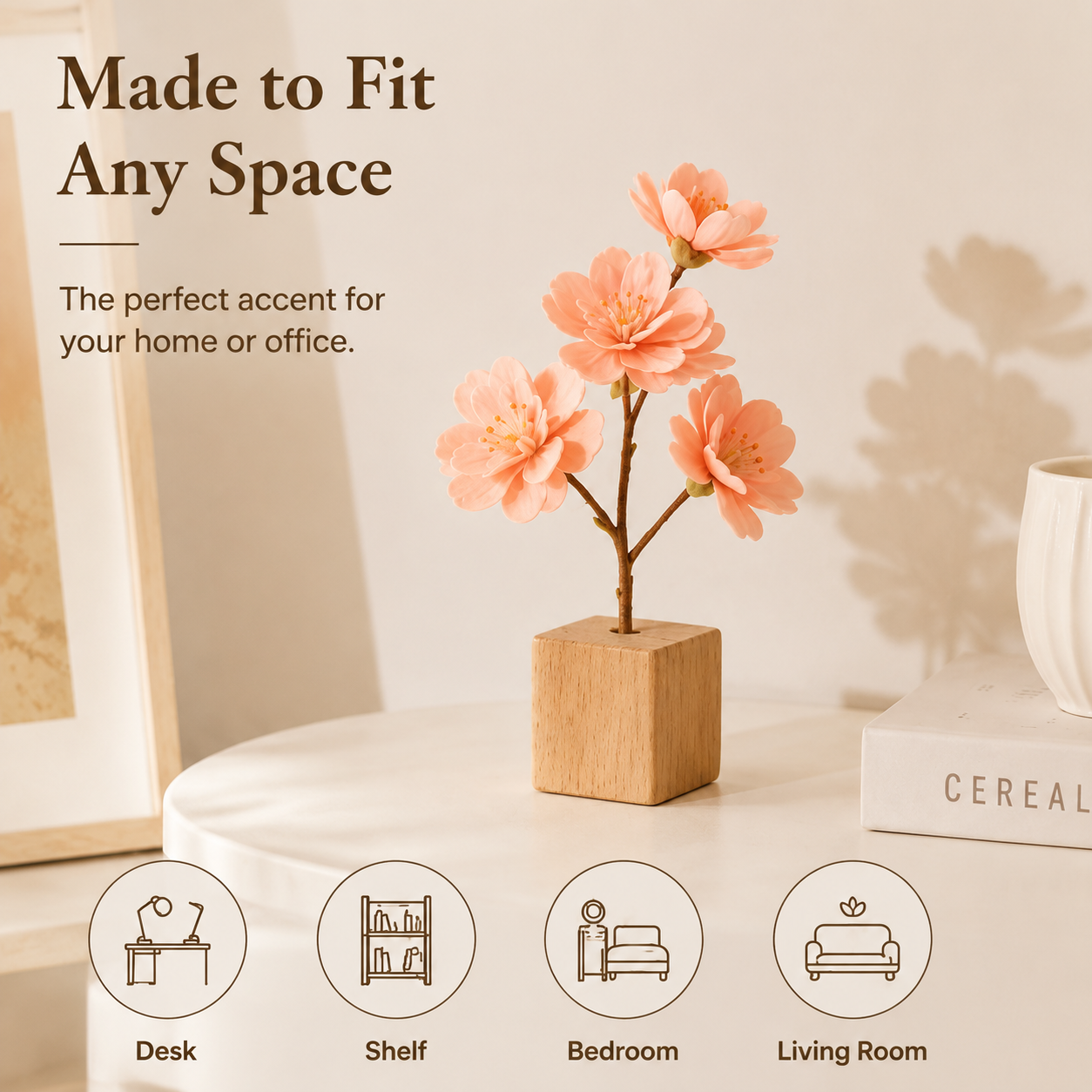 Mini Artificial Cherry Blossom with Wooden Base, Tabletop Floral Decor