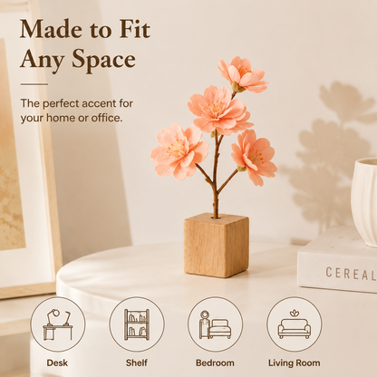 Mini Artificial Cherry Blossom with Wooden Base, Tabletop Floral Decor