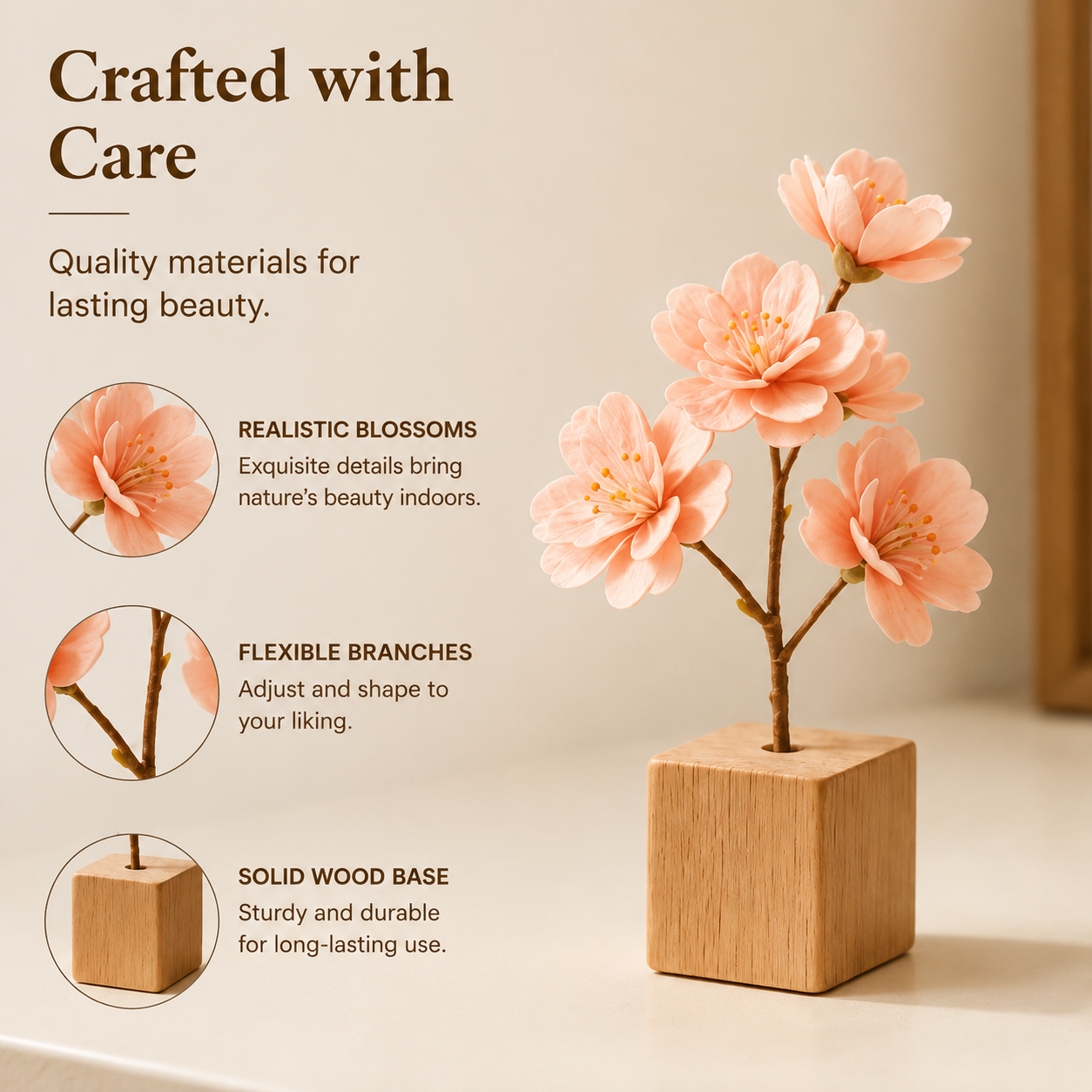 Mini Artificial Cherry Blossom with Wooden Base, Tabletop Floral Decor