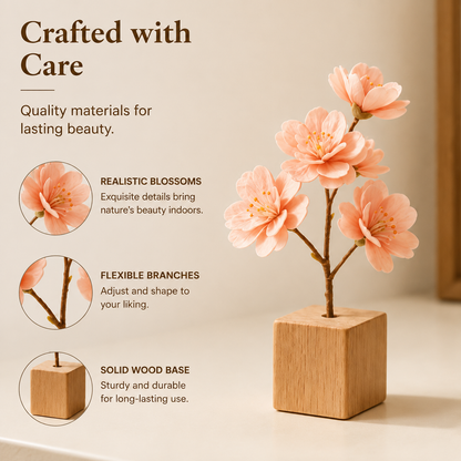 Mini Artificial Cherry Blossom with Wooden Base, Tabletop Floral Decor