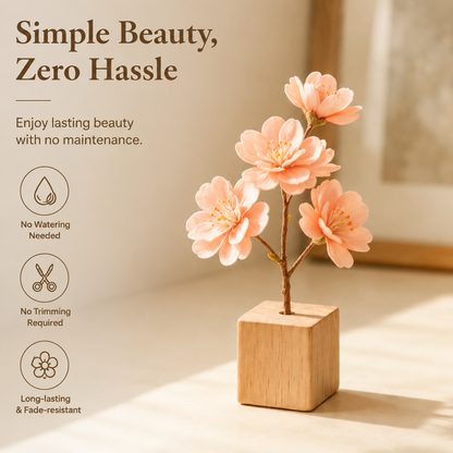 Mini Artificial Cherry Blossom with Wooden Base, Tabletop Floral Decor