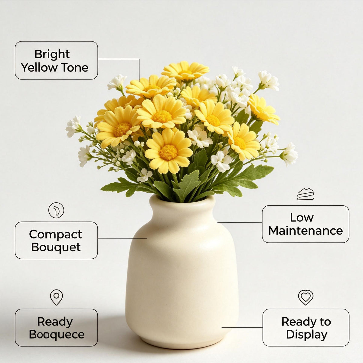 Shineiva® Yellow Artificial Daisy Bouquet with Ivory Ceramic Vase