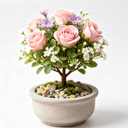 Shineiva®Pink & Purple Rose Mini Bonsai in Gray Ceramic Pot