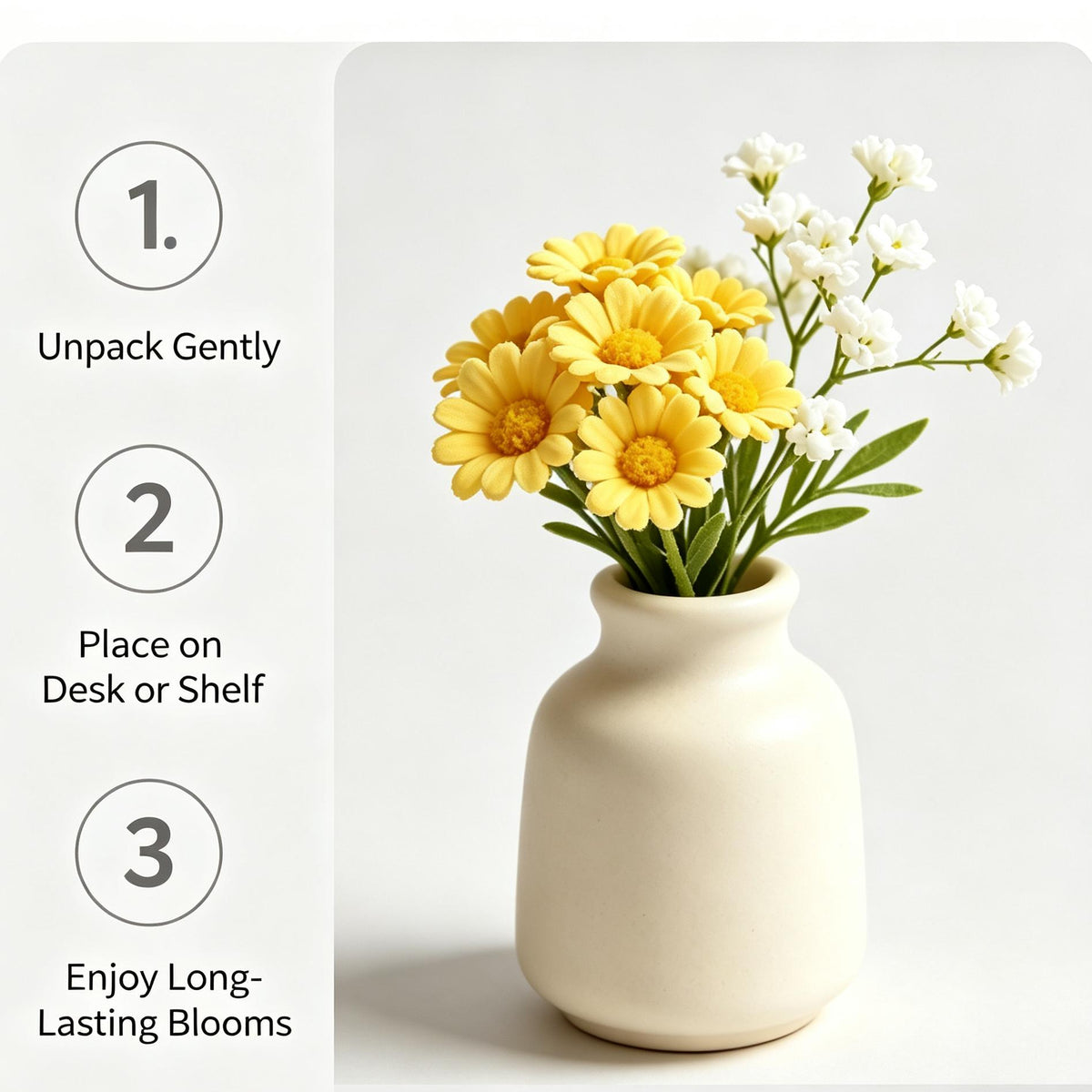 Shineiva® Yellow Artificial Daisy Bouquet with Ivory Ceramic Vase