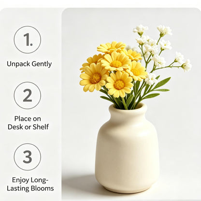 Shineiva® Yellow Artificial Daisy Bouquet with Ivory Ceramic Vase