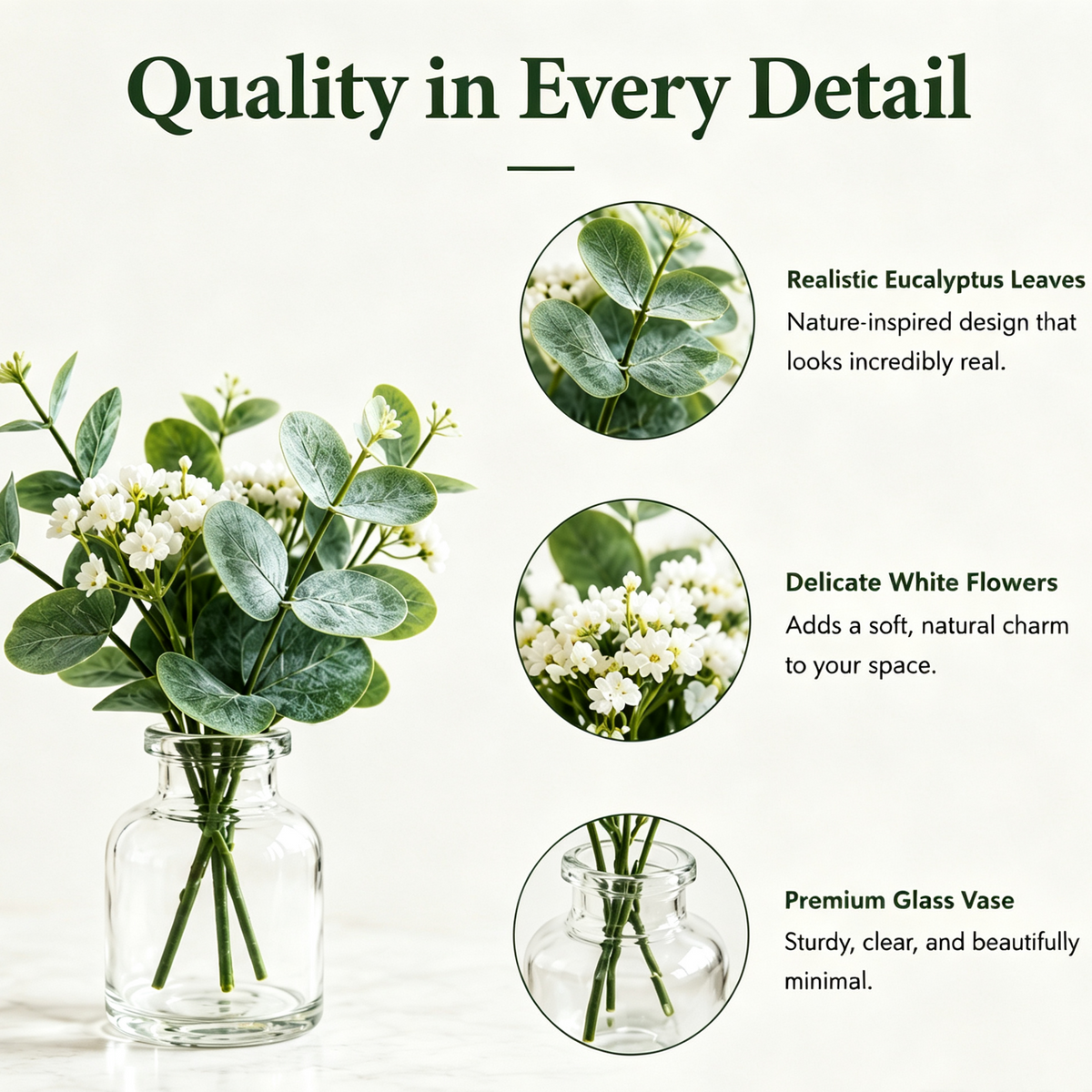Shineiva® Mini Artificial Eucalyptus Flowers with Glass Vase, Tabletop Decor