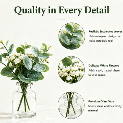 Shineiva® Mini Artificial Eucalyptus Flowers with Glass Vase, Tabletop Decor
