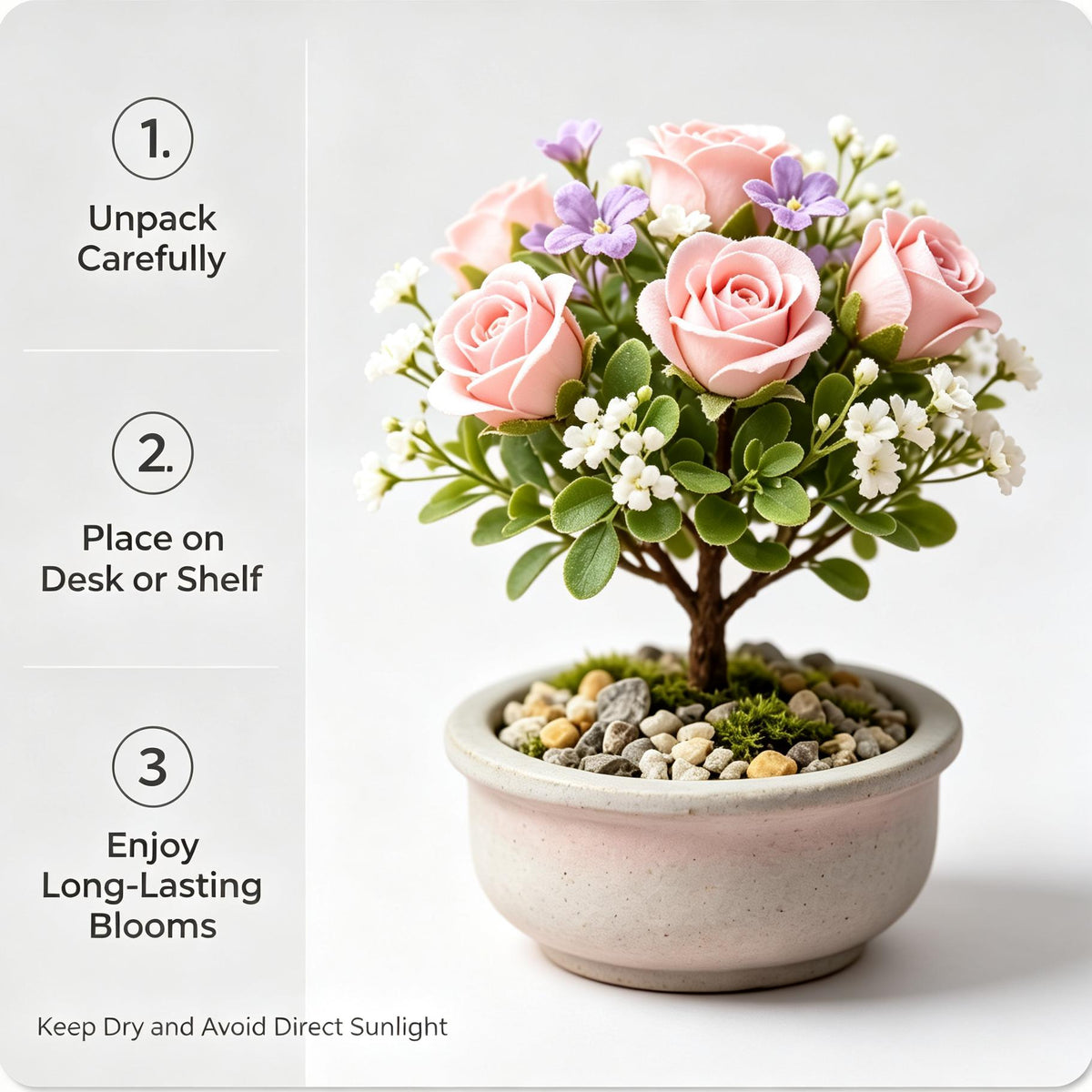 Shineiva®Pink & Purple Rose Mini Bonsai in Gray Ceramic Pot