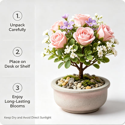 Shineiva®Pink & Purple Rose Mini Bonsai in Gray Ceramic Pot