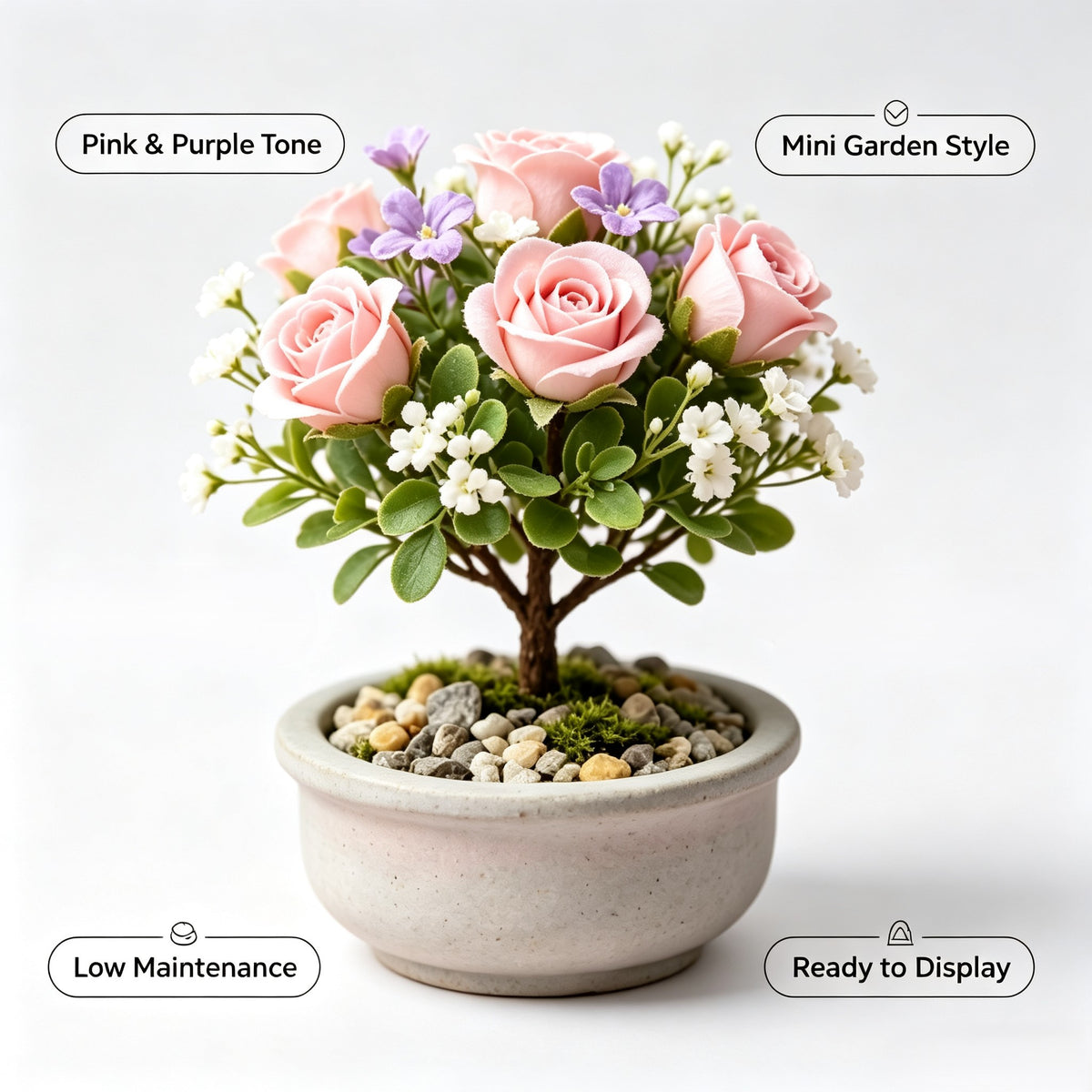 Shineiva®Pink & Purple Rose Mini Bonsai in Gray Ceramic Pot