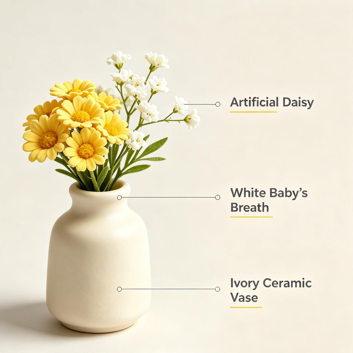 Shineiva® Yellow Artificial Daisy Bouquet with Ivory Ceramic Vase
