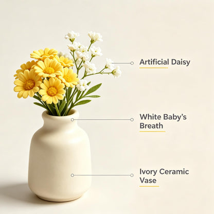 Shineiva® Yellow Artificial Daisy Bouquet with Ivory Ceramic Vase