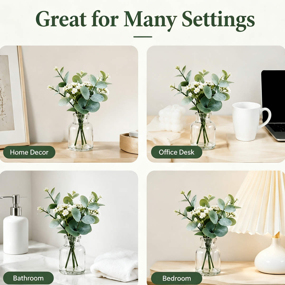 Shineiva® Mini Artificial Eucalyptus Flowers with Glass Vase, Tabletop Decor