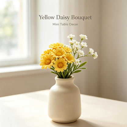 Shineiva® Yellow Artificial Daisy Bouquet with Ivory Ceramic Vase