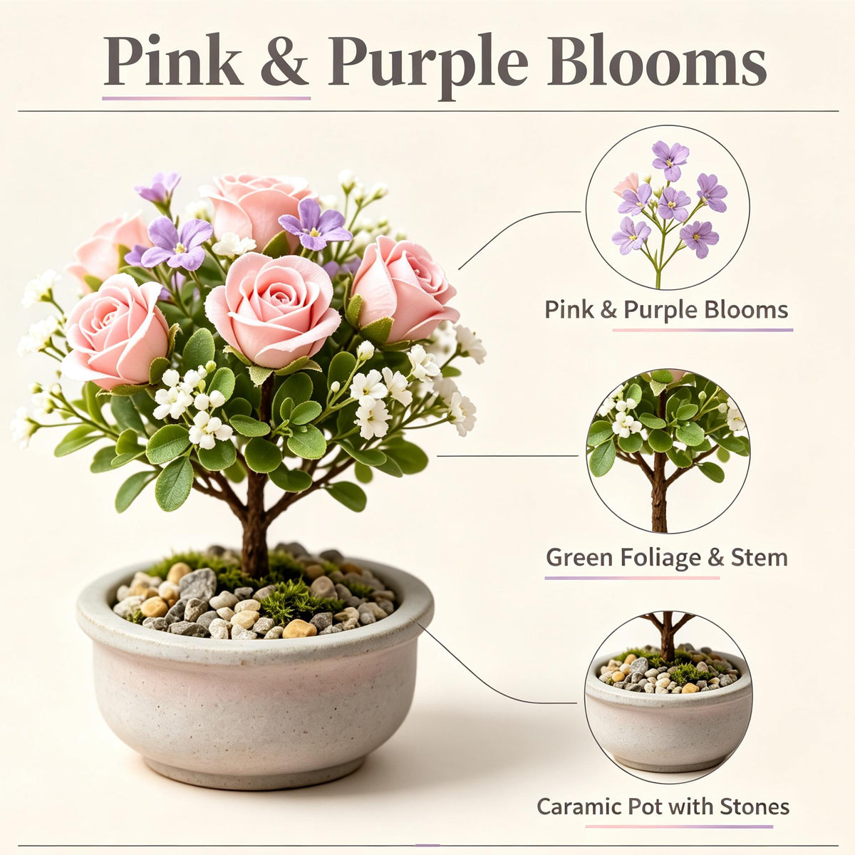 Shineiva®Pink & Purple Rose Mini Bonsai in Gray Ceramic Pot