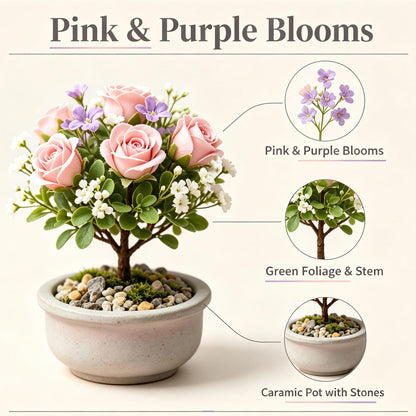 Shineiva®Pink & Purple Rose Mini Bonsai in Gray Ceramic Pot
