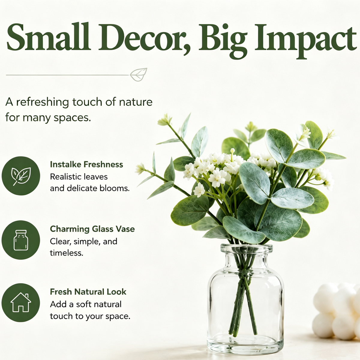 Shineiva® Mini Artificial Eucalyptus Flowers with Glass Vase, Tabletop Decor