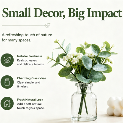 Shineiva® Mini Artificial Eucalyptus Flowers with Glass Vase, Tabletop Decor