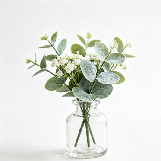 Shineiva® Mini Artificial Eucalyptus Flowers with Glass Vase, Tabletop Decor