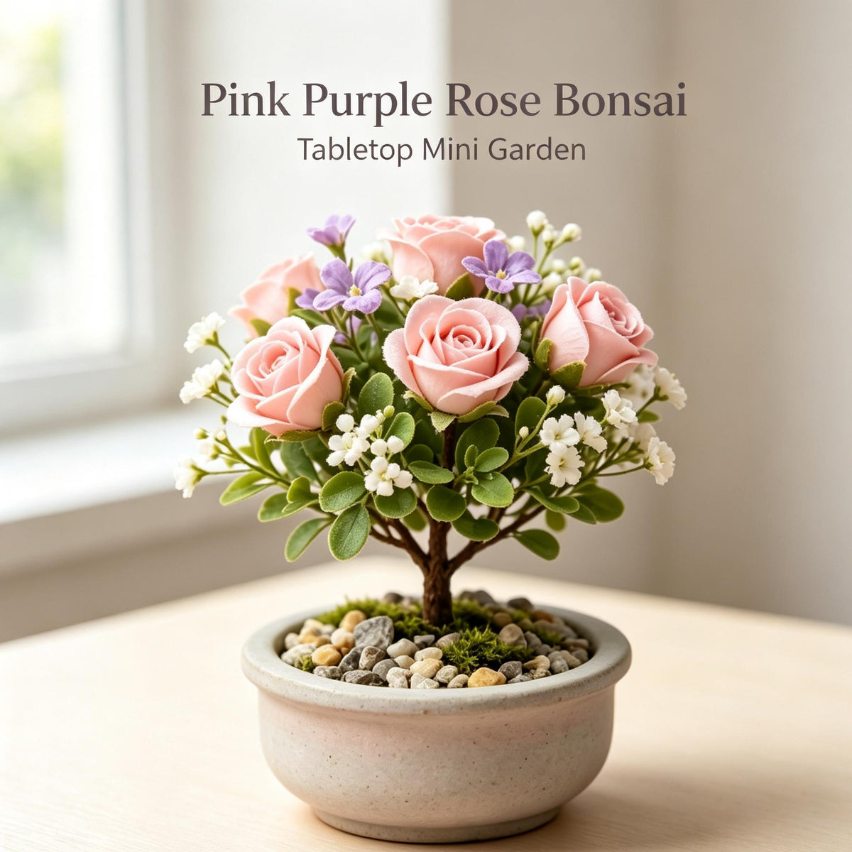 Shineiva®Pink & Purple Rose Mini Bonsai in Gray Ceramic Pot