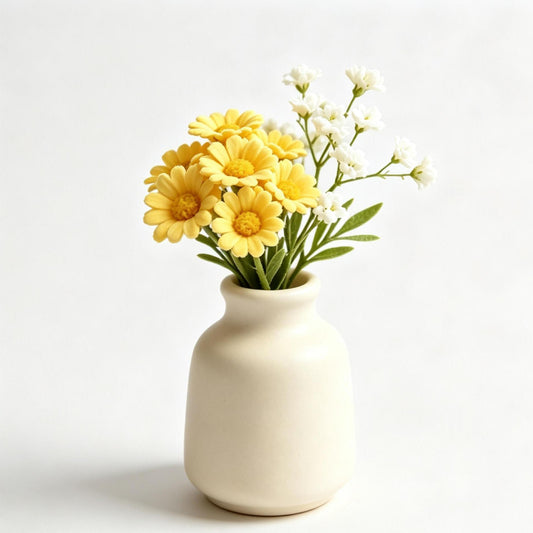 Shineiva® Yellow Artificial Daisy Bouquet with Ivory Ceramic Vase