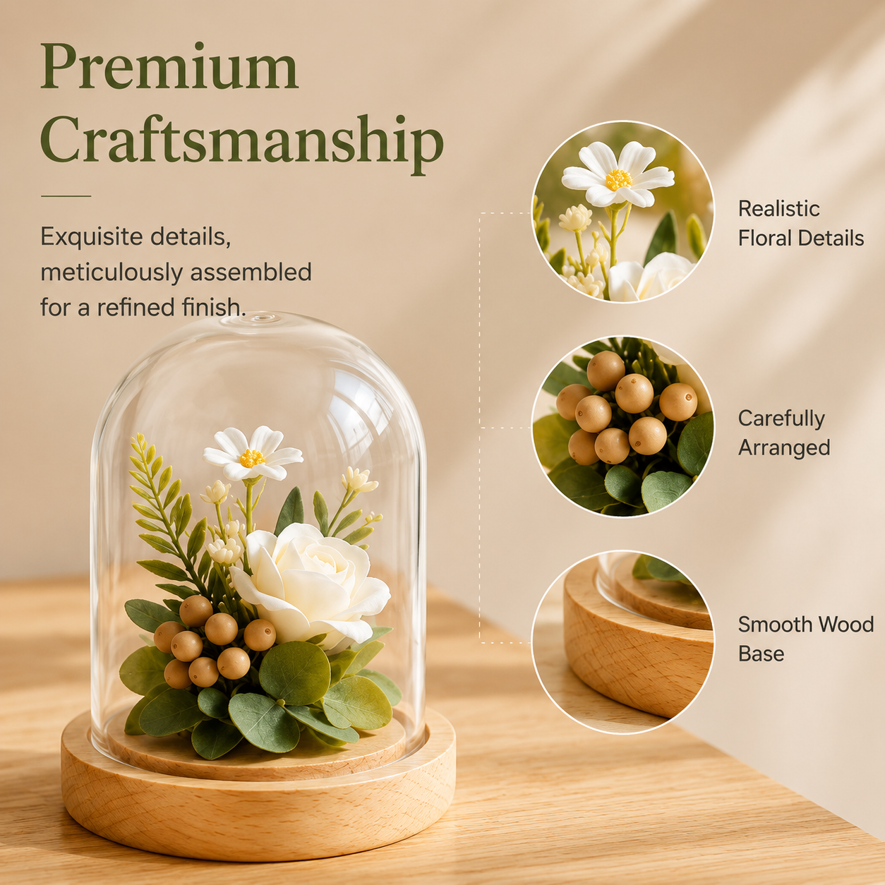 Low-Maintenance Faux Flower Cloche, Everlasting Floral Decor for Desk