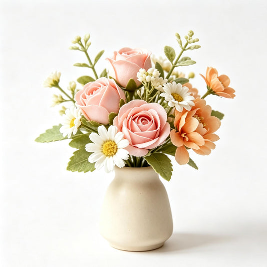 Shineiva® Pink & Orange Mixed Artificial Flower Bouquet with Ivory Ceramic Vase