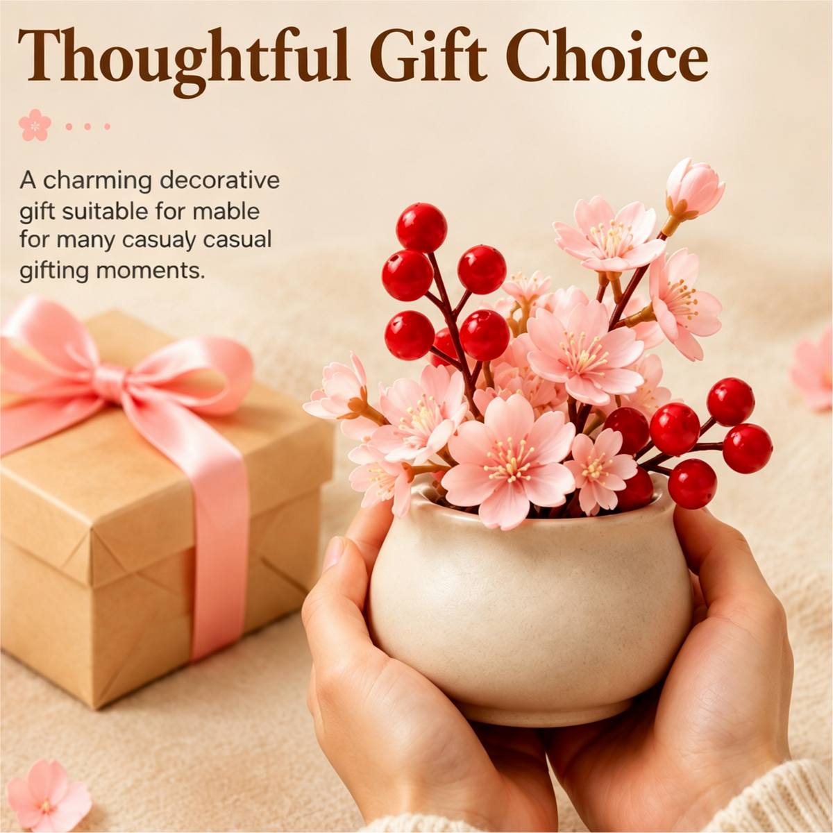 Shineiva® Mini Artificial Cherry Blossom & Berry Plant with Ceramic Pot