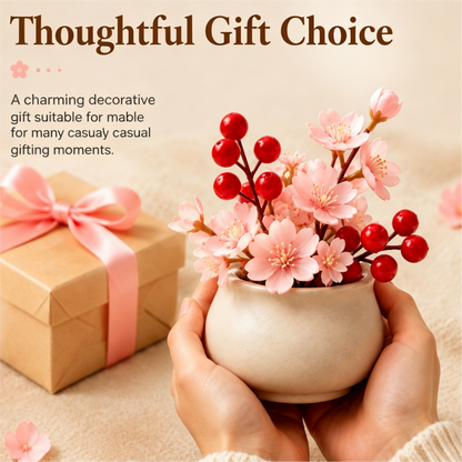 Shineiva® Mini Artificial Cherry Blossom & Berry Plant with Ceramic Pot