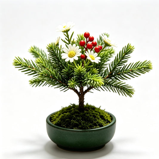 Shineiva® White Daisy & Red Berry Mini Bonsai in Green Ceramic Pot