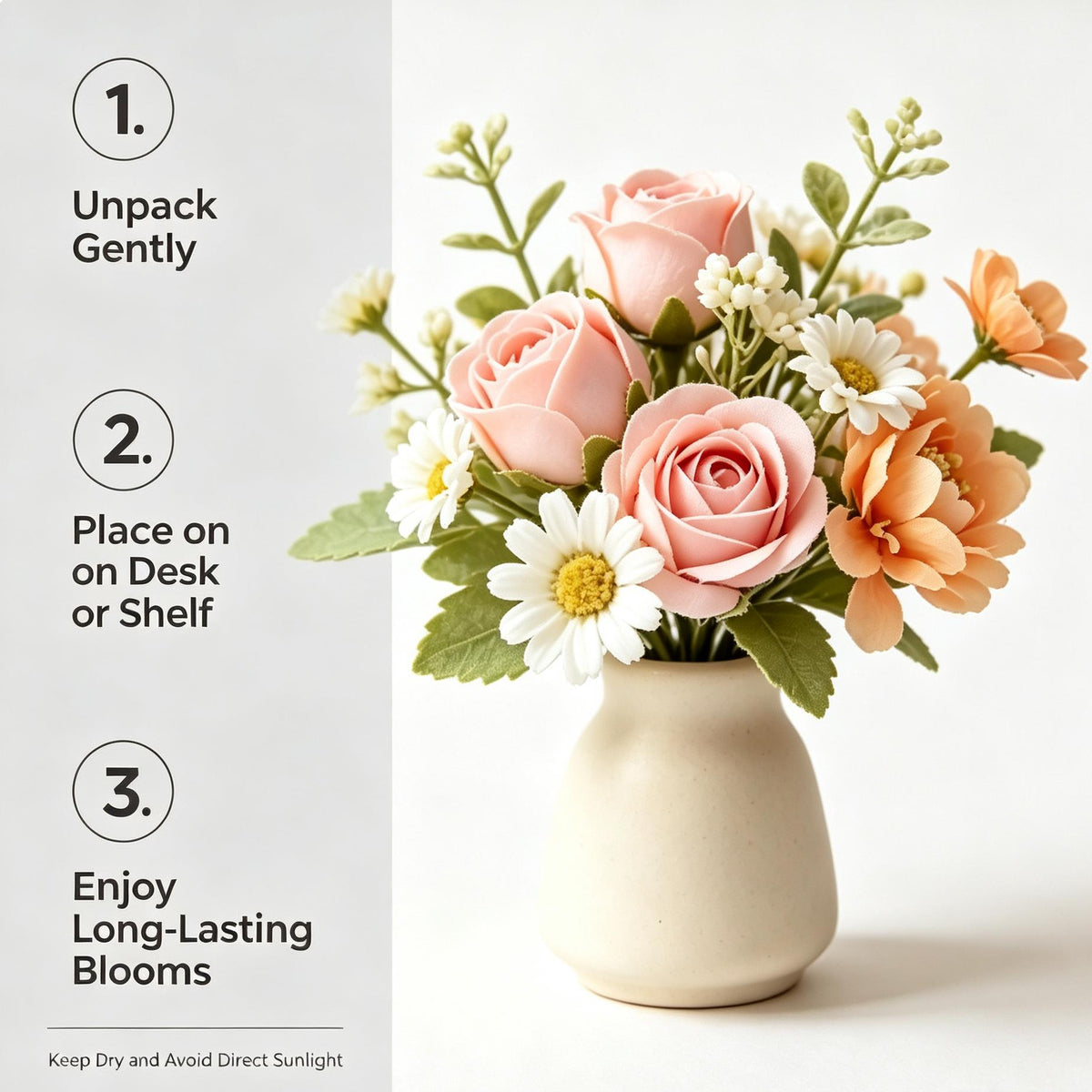 Shineiva® Pink & Orange Mixed Artificial Flower Bouquet with Ivory Ceramic Vase