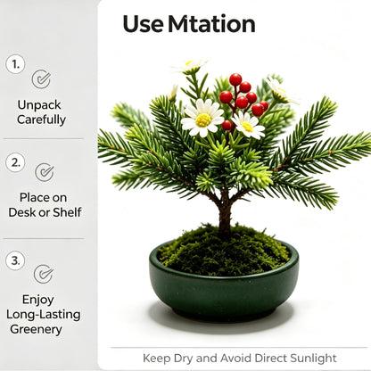 Shineiva® White Daisy & Red Berry Mini Bonsai in Green Ceramic Pot