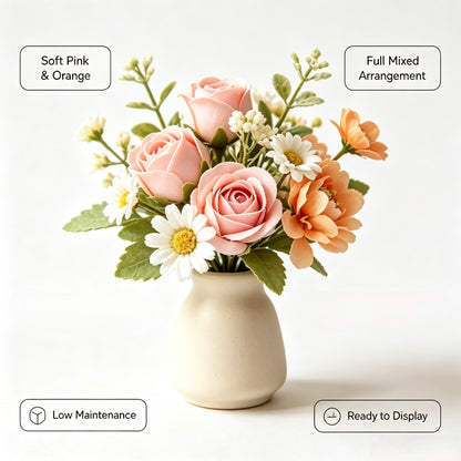 Shineiva® Pink & Orange Mixed Artificial Flower Bouquet with Ivory Ceramic Vase