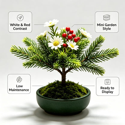 Shineiva® White Daisy & Red Berry Mini Bonsai in Green Ceramic Pot
