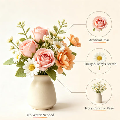 Shineiva® Pink & Orange Mixed Artificial Flower Bouquet with Ivory Ceramic Vase