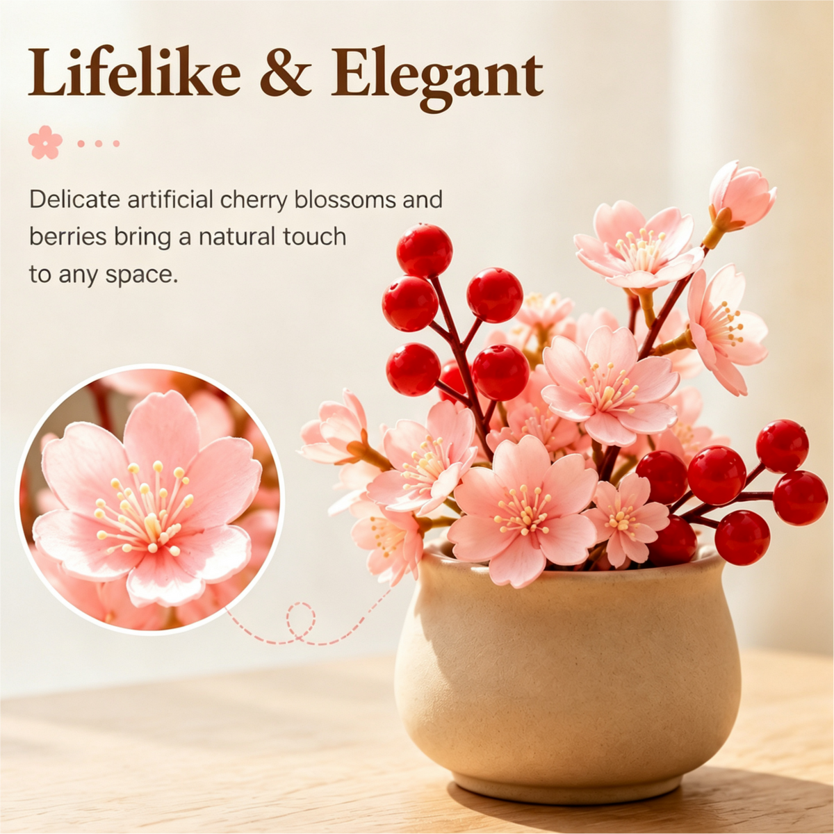 Shineiva® Mini Artificial Cherry Blossom & Berry Plant with Ceramic Pot