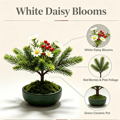 Shineiva® White Daisy & Red Berry Mini Bonsai in Green Ceramic Pot