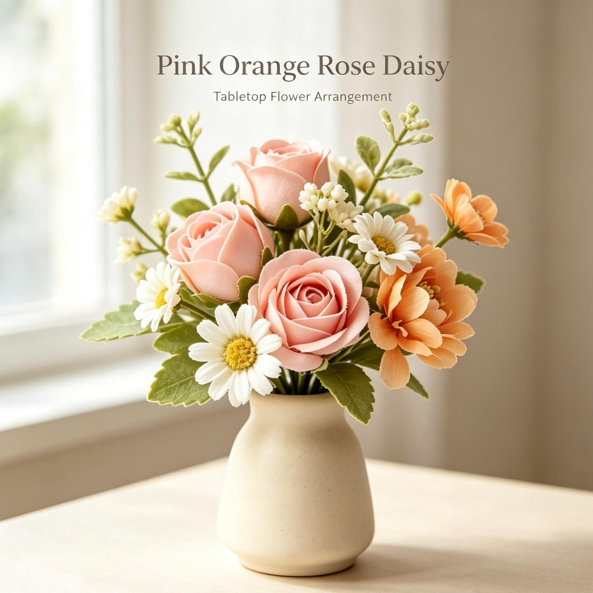 Shineiva® Pink & Orange Mixed Artificial Flower Bouquet with Ivory Ceramic Vase
