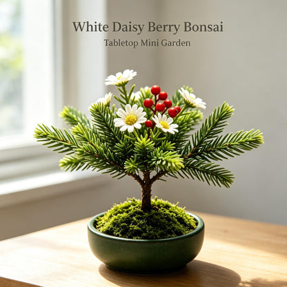 Shineiva® White Daisy & Red Berry Mini Bonsai in Green Ceramic Pot