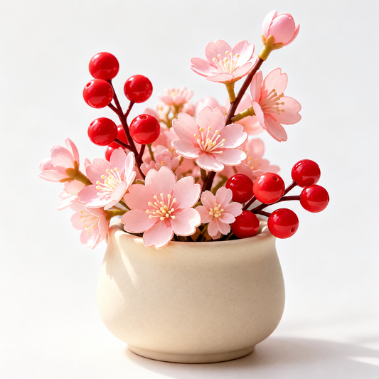 Shineiva® Mini Artificial Cherry Blossom & Berry Plant with Ceramic Pot